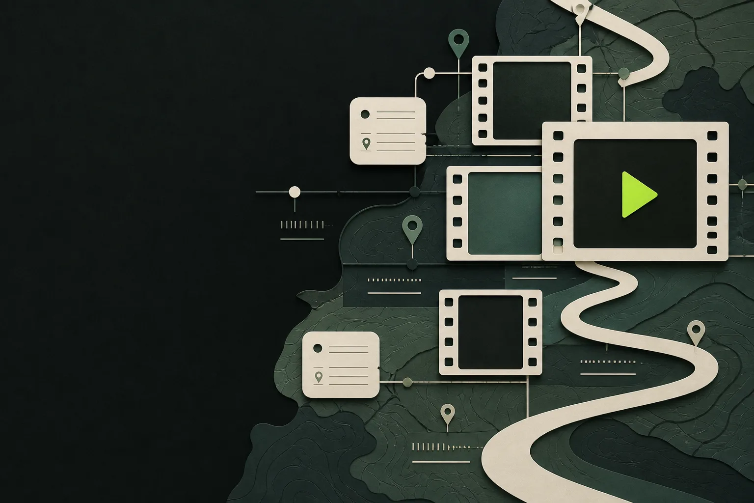 Abstract film frames and a route arranged as a documentary timeline, with no generated travel scene.