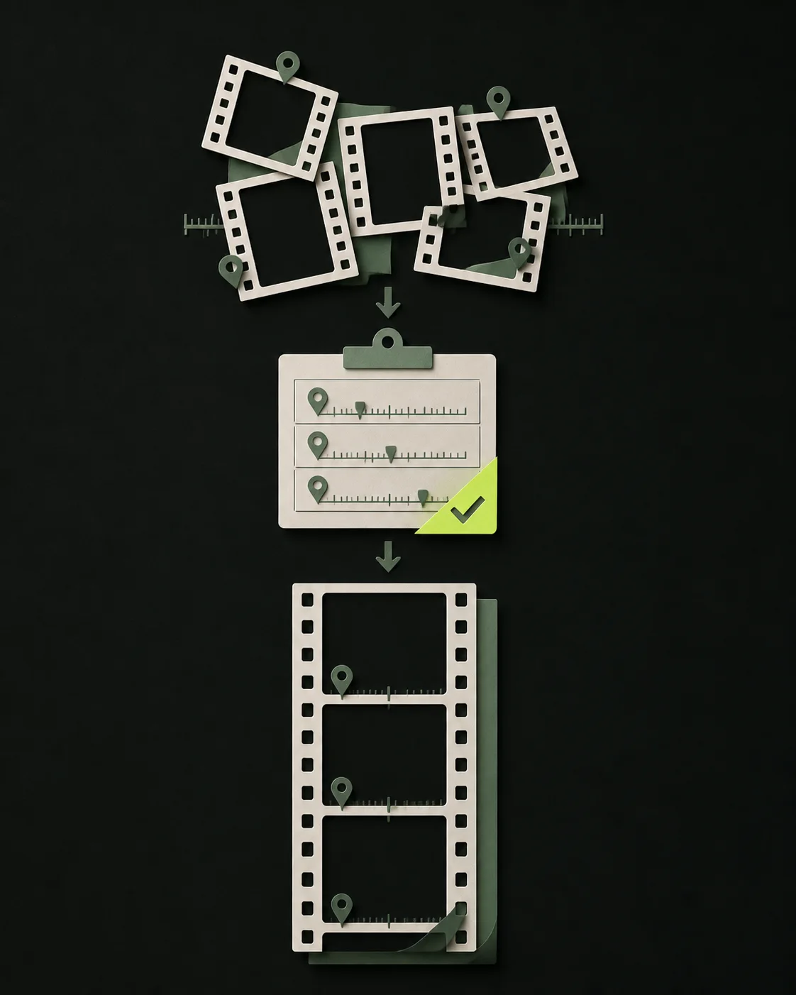 Abstract sequence showing selected media, a fact-check checkpoint, and an ordered film timeline.
